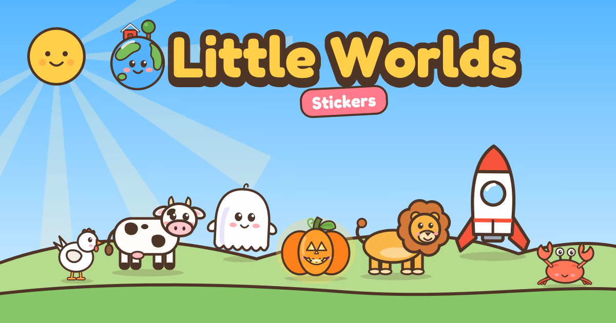 Little Worlds: the app's logo over a chicken, cow, ghost, jack-o'-lantern, lion, spaceship and crab on a green hill