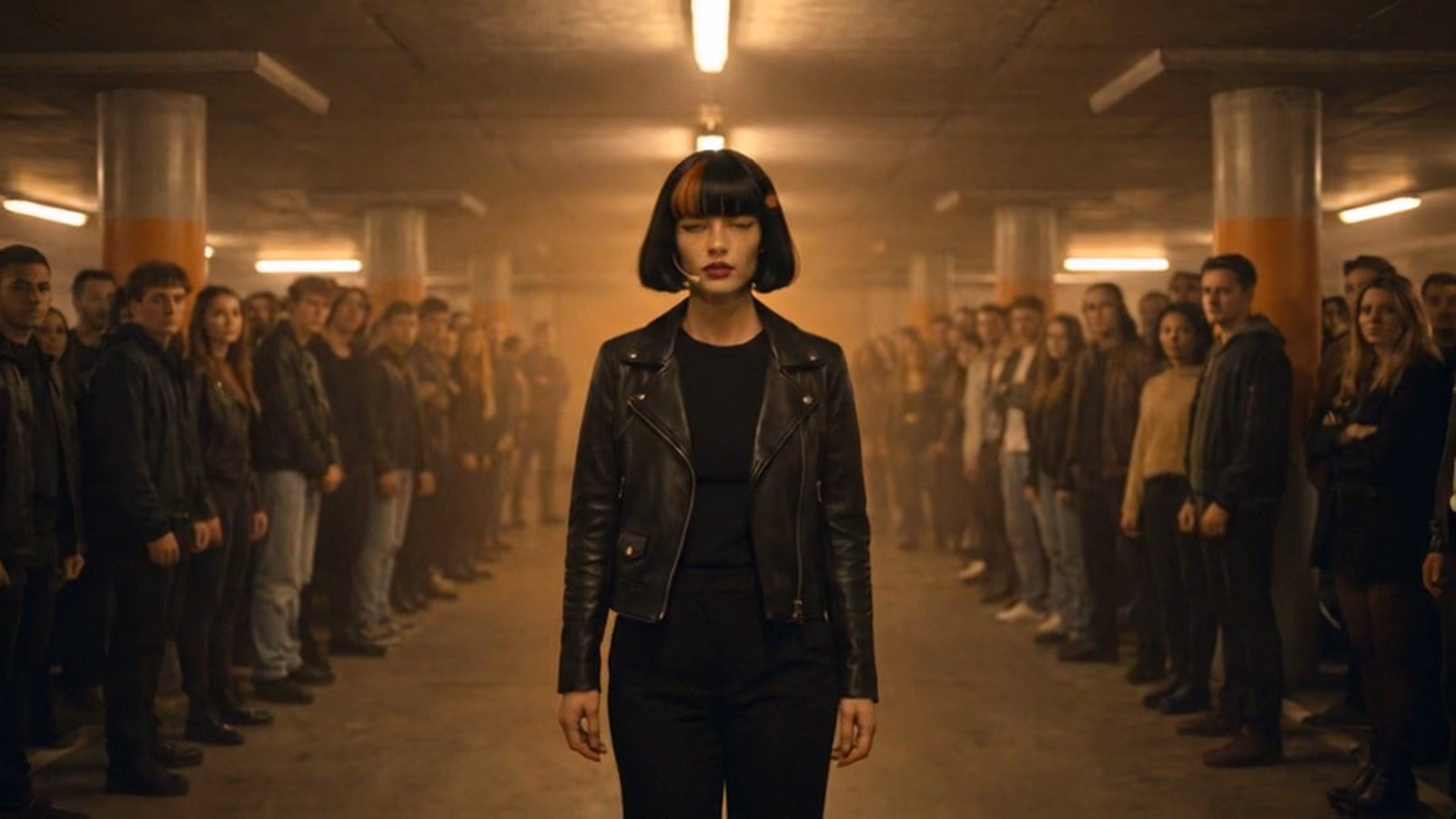Claudia walking between two lines of people in a parking garage